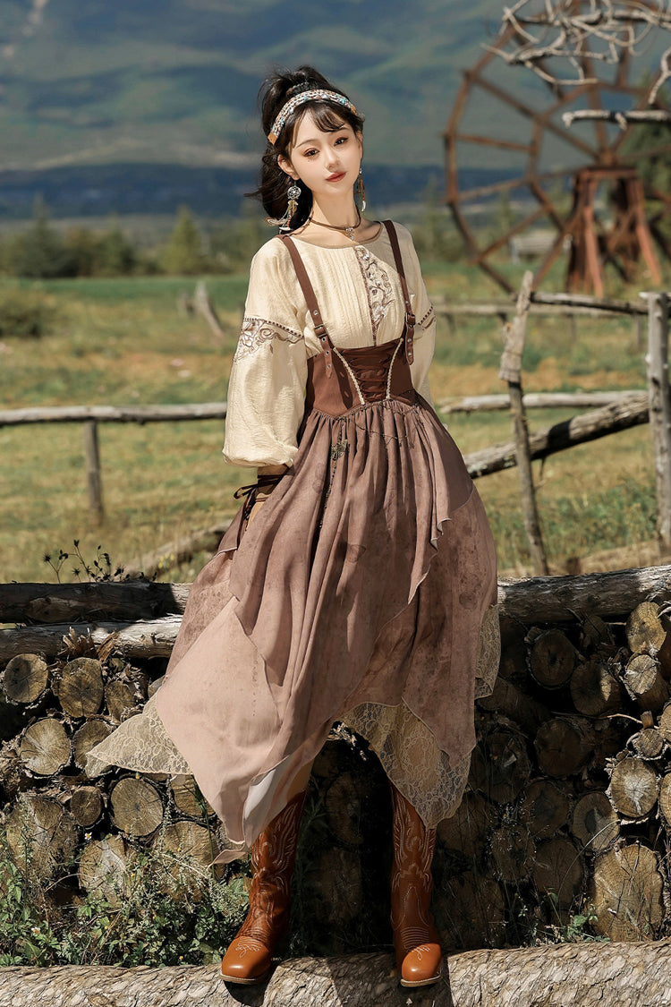 Brown [sunset Yellow Sand] Print Irregular Asymmetric Classic Lolita Dress Set