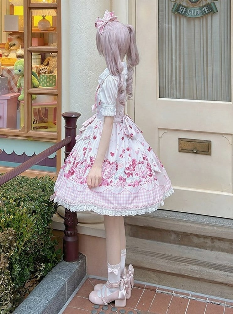 [pre-order Deadline: May 5] Pink Cherry Print Lace Ribbon Bunny Ear Apron Jsk Dress + Accessories