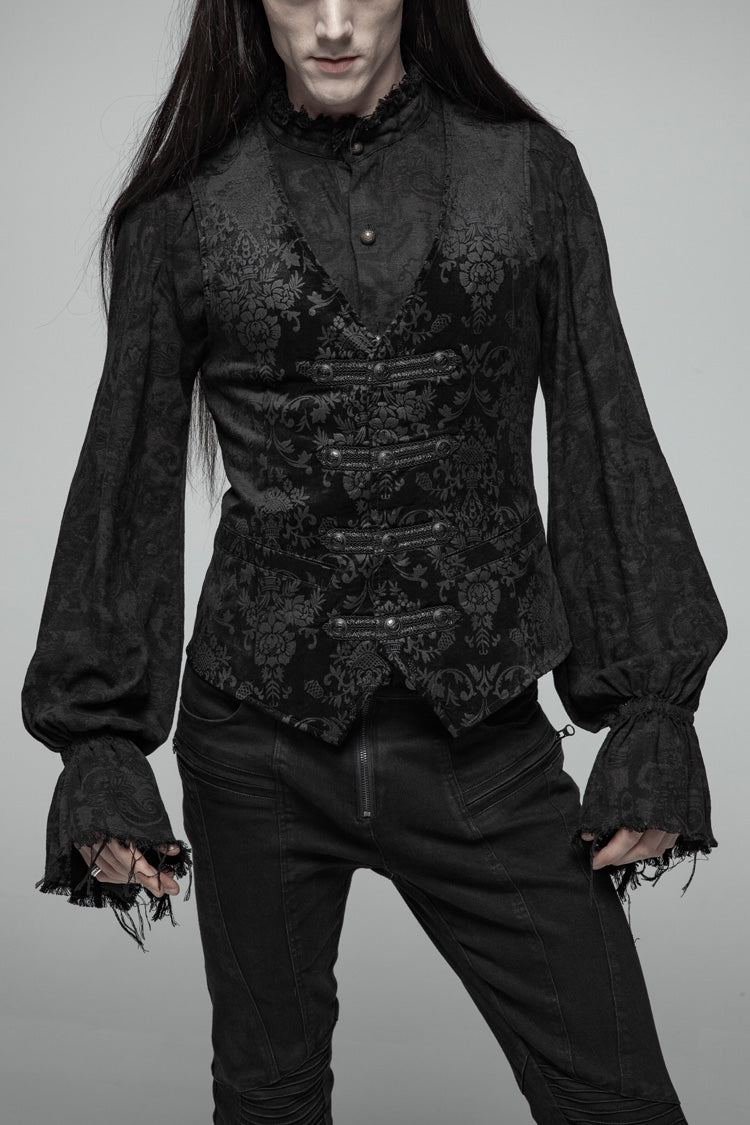 Black Retro Jacquard Front Woven Strap Metal Button Gothic Vest