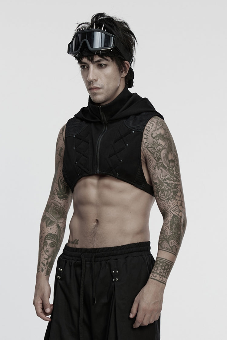Black Stand Collar Sleeveless Hooded Zipper Punk Vest