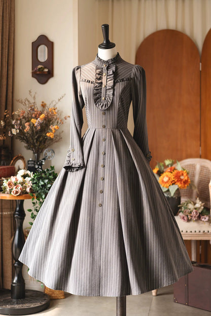 [forest Castle] Stand Collar Long Sleeves Striped Printed Ruffled Classic Lolita Dress 3 Colors