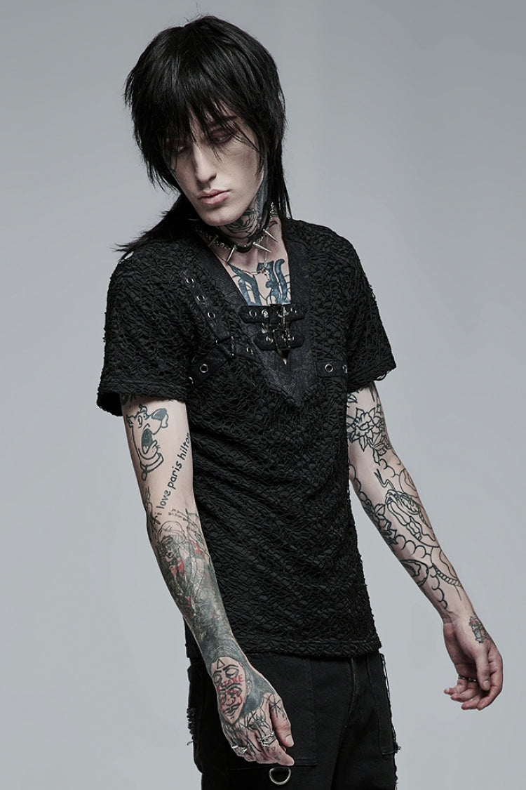Black Short Sleeves Buckle Stitching Mesh Steampunk T-shirt