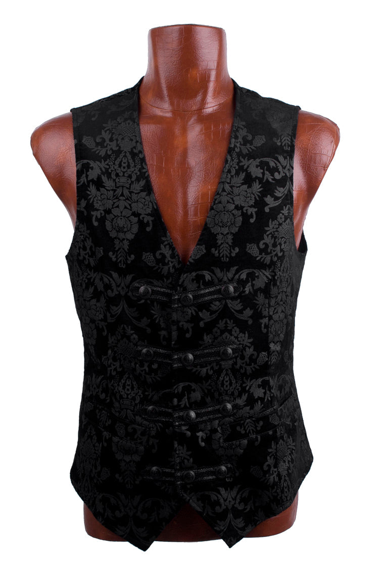 Black Retro Jacquard Front Woven Strap Metal Button Gothic Vest