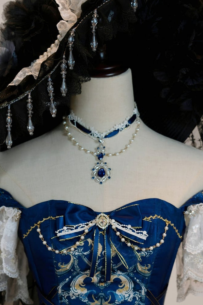 [pre-order Deadline: May 3] Dark Blue White Corset Lace Ribbon Lolita Jsk Princess Dress + Complete Set