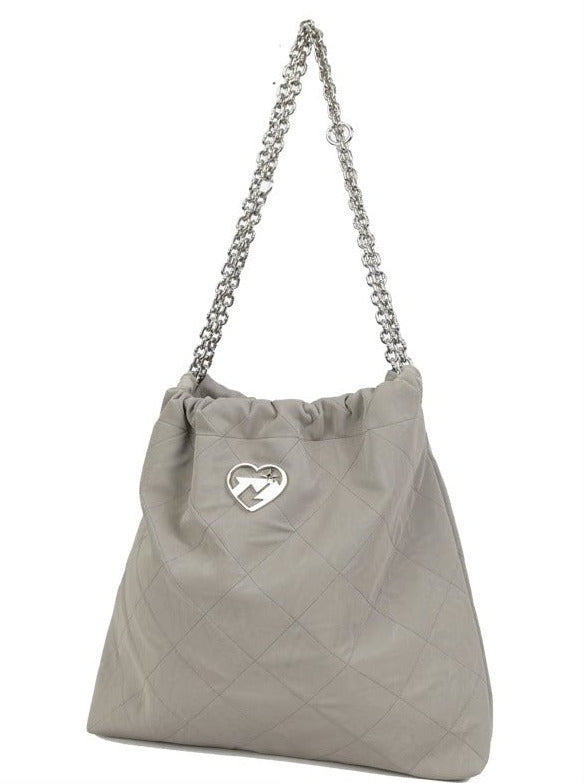 Cool Metal Diamond Quilted Leather Chain Tote Bag