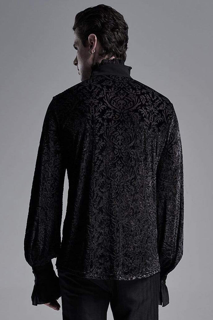 Black High Collar Lantern Sleeve Front Metal Retro Button Flounce Cuff Velveteen Knit Gothic Shirt