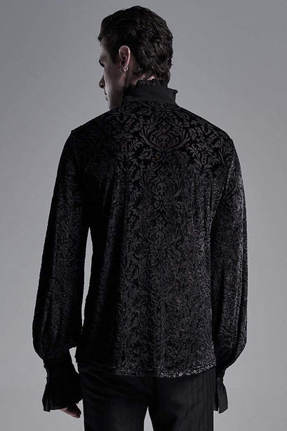 Black High Collar Lantern Sleeve Front Metal Retro Button Flounce Cuff Velveteen Knit Gothic Shirt