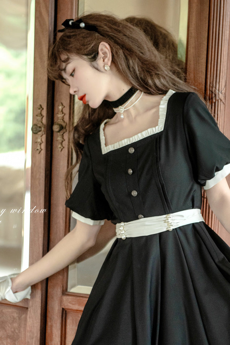 Black [random Thoughts] Square Collar Short Sleeves Ruffle Classic Lolita Dress