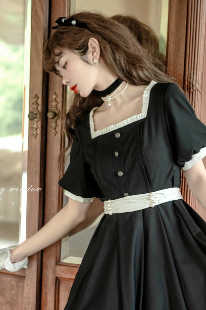 Black [random Thoughts] Square Collar Short Sleeves Ruffle Classic Lolita Dress