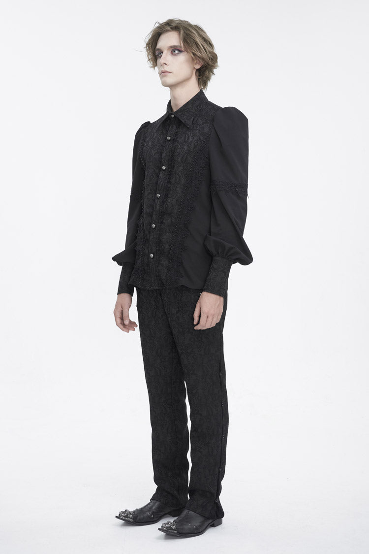 Black Lapel Collar Lantern Sleeves Jacquard Embroidery Gothic Blouse
