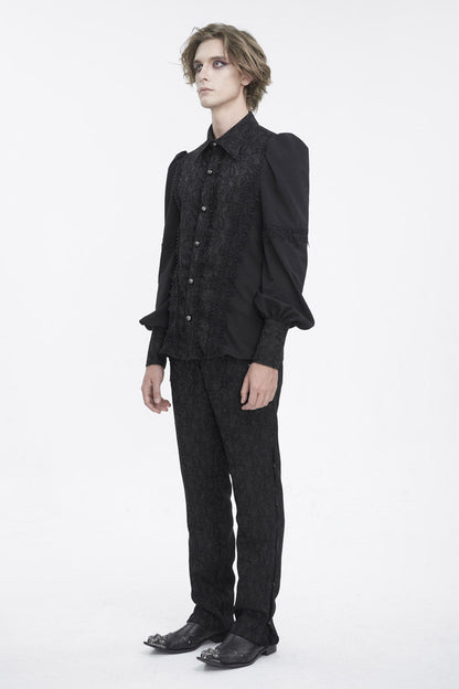 Black Lapel Collar Lantern Sleeves Jacquard Embroidery Gothic Blouse