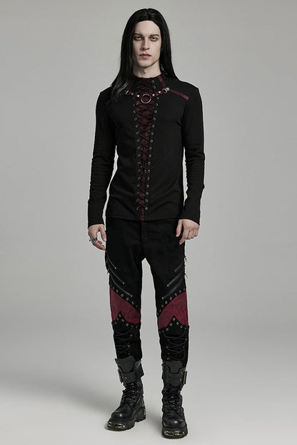 Black/red Long Sleeves Stitching Lace-up Ripped Punk Blouse