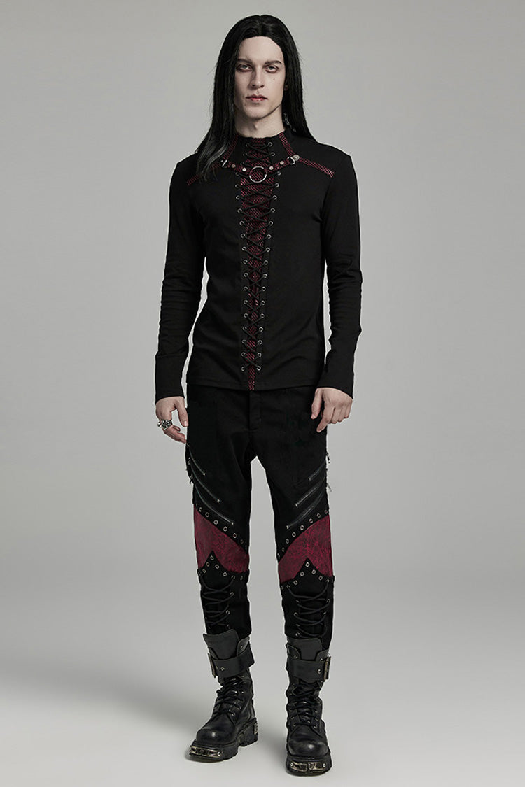 Black/red Long Sleeves Stitching Lace-up Ripped Punk Blouse