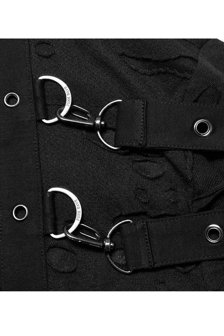Black Gothic Broken Holes Knitted Fabric Stitching Metal Buckle Detachable Decorative Tape Long Sleeve T-shirt