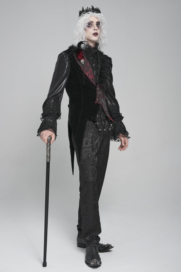 Black Long Sleeves Rose Print Irregular Contrast Color Gothic Vest With Detachable Feather Accessory