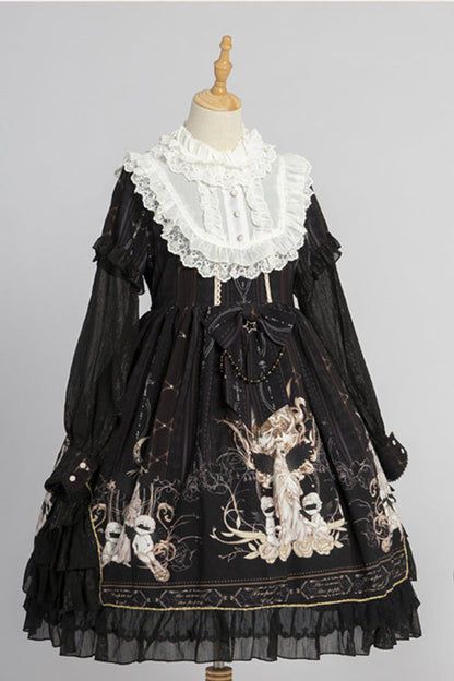 Round Collar Ruffled Long Sleeves Reunion World Print Classic Lolita Op Dress