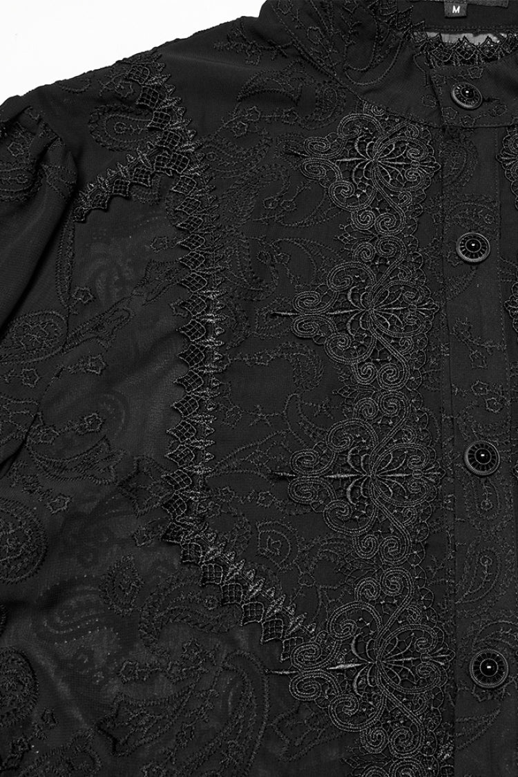 Black Stand Collar Chiffon Long Sleeves Hollow Embroidery Gothic Blouse