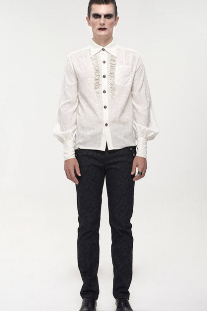 White Gothic Metal Pattern Buckle Long Sleeve Pleated Lace Lantern Shape Printing Pattern Shirt