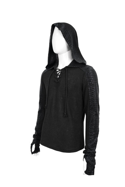 Black Dark Tether V-neck Panel Knit Hooded Punk T-shirt