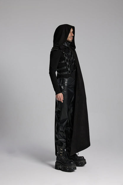 Black Hooded Buckle-up Rivets Punk Cloak