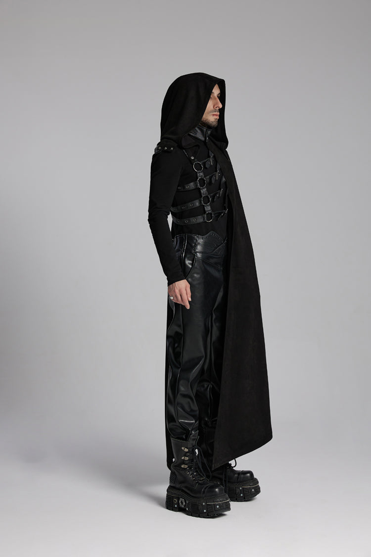 Black Hooded Buckle-up Rivets Punk Cloak