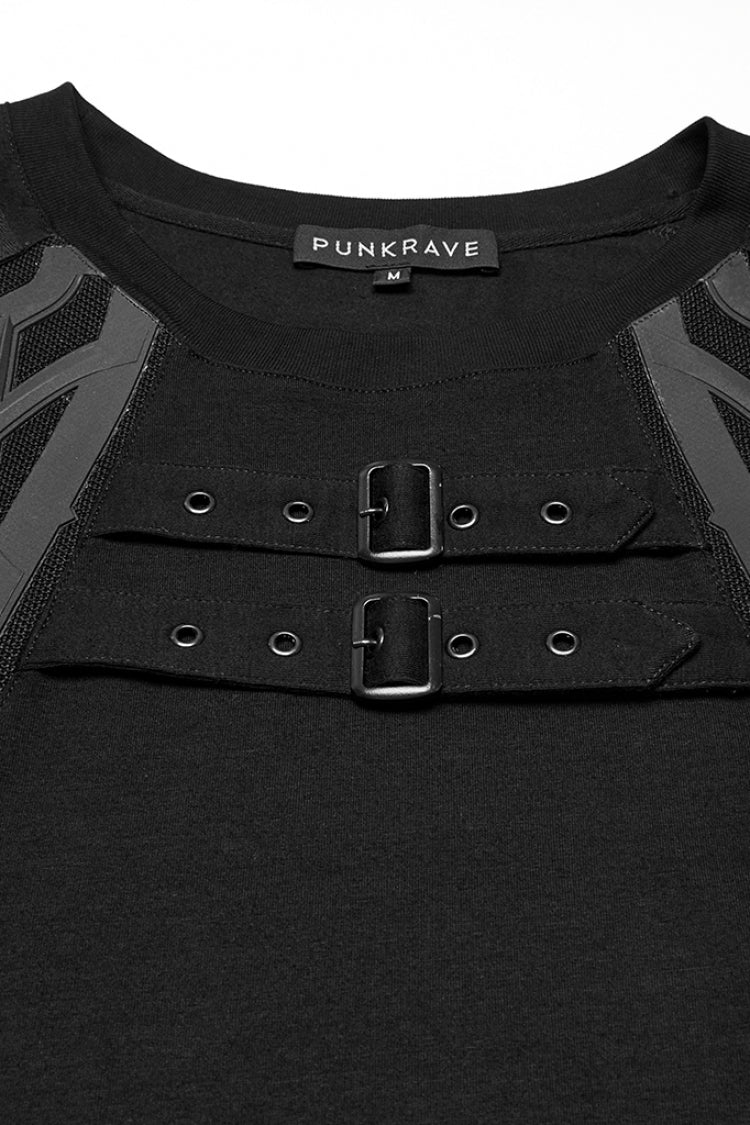 Black Round Collar Short Sleeves Studded Buckle Strap Punk T-shirt