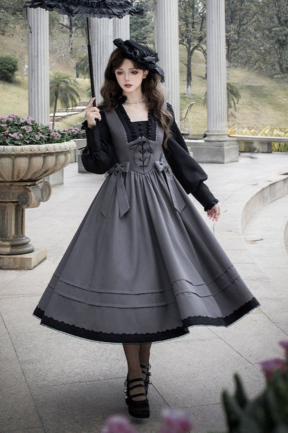 Grey [mist Chronicle] Square Collar Long Sleeves Bowknot Lace-up Color-block Fake Two Pieces Classic Lolita Dress