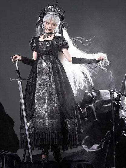 [pre-order Deadline: June 8] Phantom Knight Dark Gothic Square Neck Layered Dress (with Choker & Waist Belt)