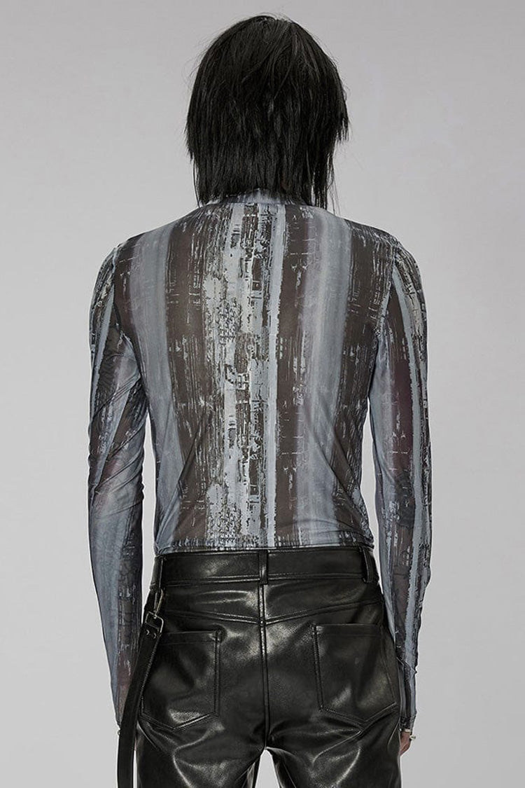 Black/grey Punk High Collar Technology Sense Printing Elasticity Tight Long Sleeves Shirt