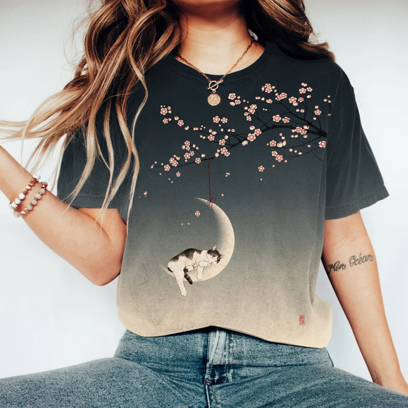 Vintage Floral & Cat Japanese Art Casual T-Shirt elevenforest