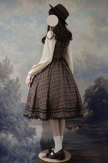 Brown [poem of Greina] V Collar Sleeveless High Waisted Printed Classic Lolita Jsk Dress