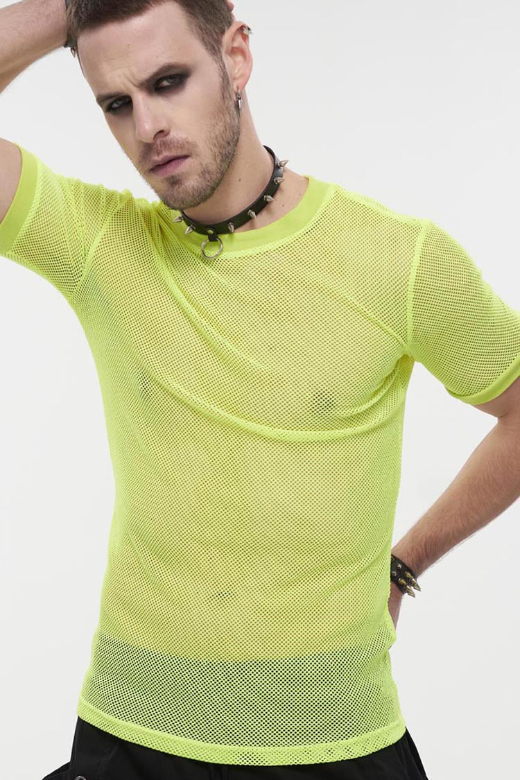 Yellow Gothic Crew Neck Diamond-shaped Net Hyperelastic Short Sleeve T-shirt