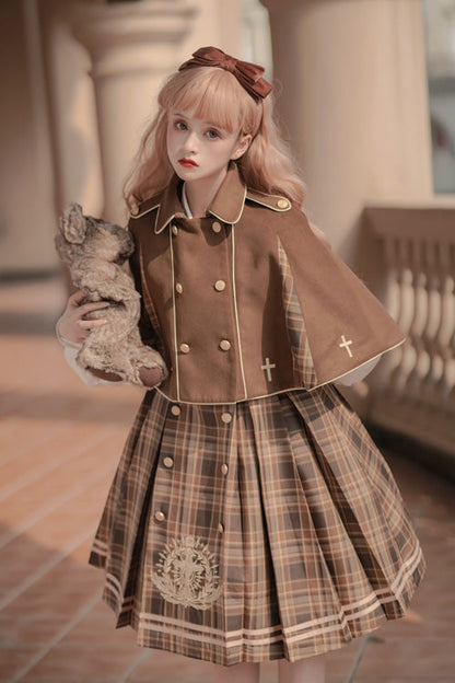 Brown Royal Detective Stripe Print Long Sleeves Classic Lolita Op Dress
