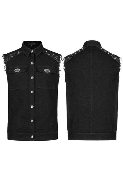 Black Punk Elastic Twill Fabric Featured Flap Pocket Metal Accessories Sleeveless Vest