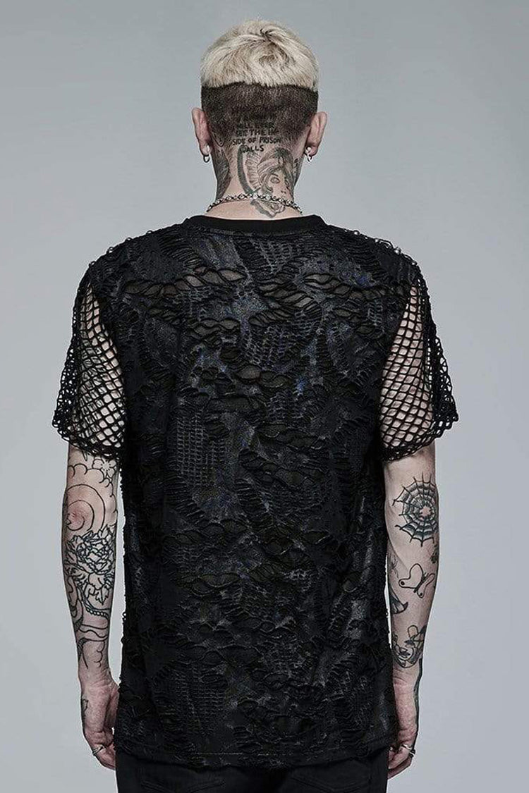 Black Punk Irregular Ripped Mesh Stitching Stretch Loose Knit Short Sleeved T-shirt