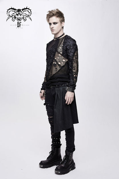 Black a Variety of Mesh Materials Stitching Unedged Broken Holes Round Collar Punk T-shirt