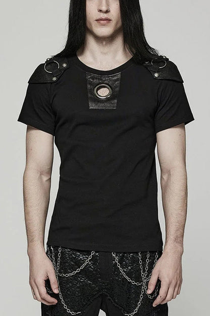 Black Short Sleeves Detachable Shoulder Pad Hollow Steampunk T-shirt