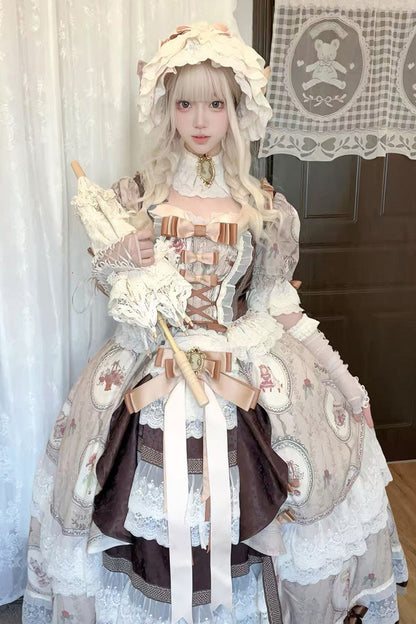 Brown [baker Street Tea Party] Short Sleeves High Waisted Print Ruffle Embroidery Cardigan Bowknot Lace-up Classic Princess Lolita Dress