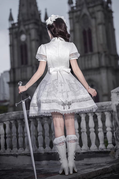 White Lapel Collar Short Sleeves Printed Ruffled Lace Classic Gothic Lolita Dress