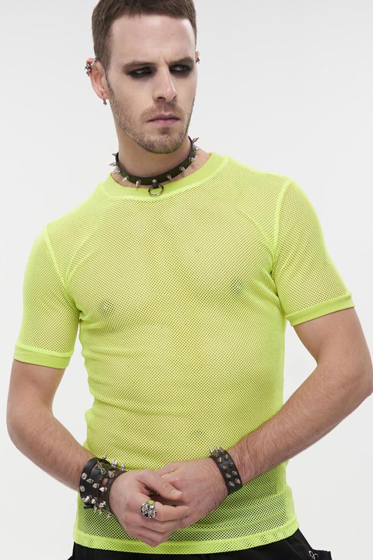 Yellow Gothic Crew Neck Diamond-shaped Net Hyperelastic Short Sleeve T-shirt