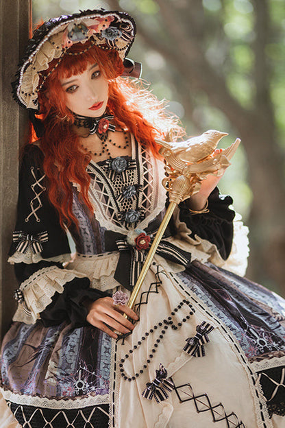 Multi-color Ruffled Sleeve Retro Printed High Waist Classic Lolita Op Dress