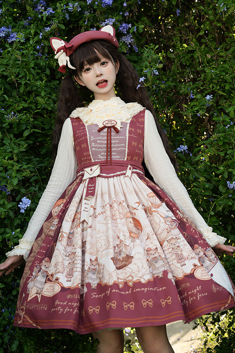 Wine Red [fox Band] Print Square Collar Bowknot Classic Lolita Jumper Dress