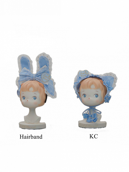 [pre-order Deadline: May 10] Blue/yellow/pink Sweetheart Lolita Ribbon Puff Sleeve Tiered Dress + Bunny Ear Full Set + Cat Ear Full Set