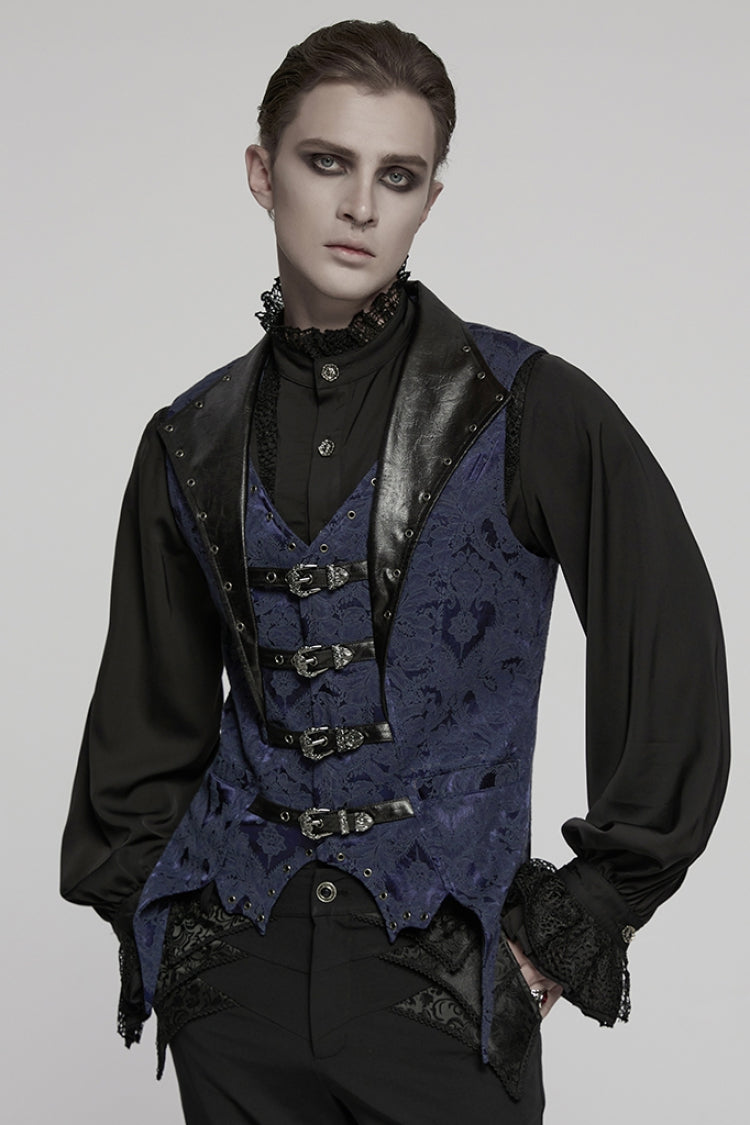Black/blue Lapel V-neck Sleeveless Jacquard Buckle Gothic Vest