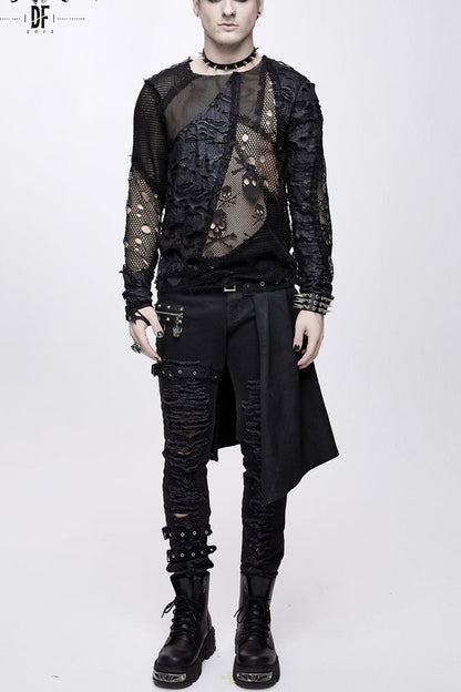 Black a Variety of Mesh Materials Stitching Unedged Broken Holes Round Collar Punk T-shirt