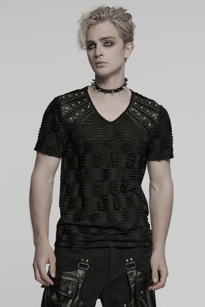 Black Short Sleeves Jacquard Faux Leather Stitching Ripped Rivet Punk T-shirt