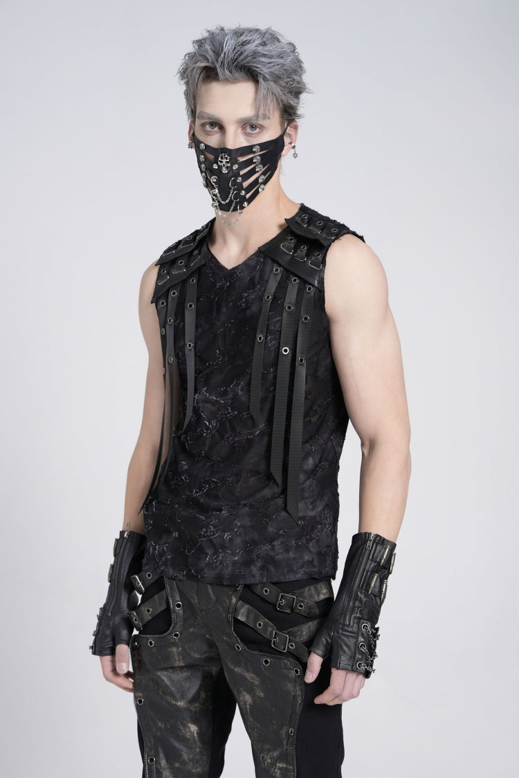 Black Sleeveless Eyelet Strap Distressed Gothic Vest