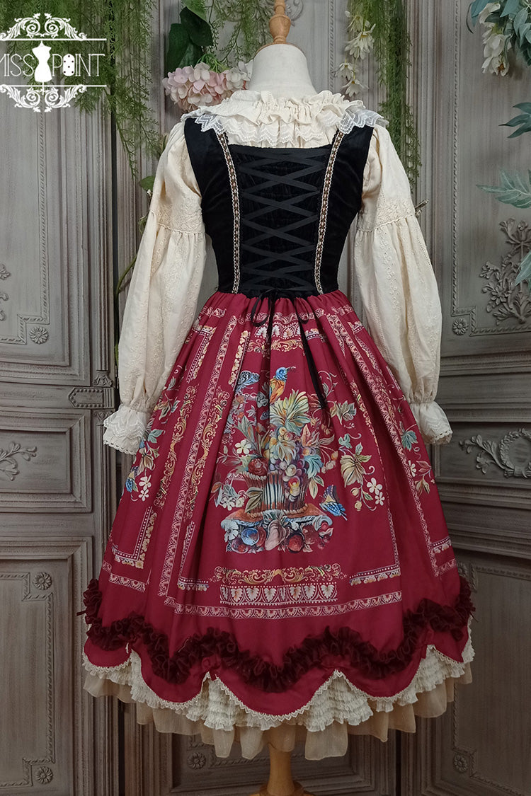Wine Red [ode to Plenty] Berries and Birds Print Ruffle Bowknot Velvet Classic Lolita Breast Support Jsk Dress