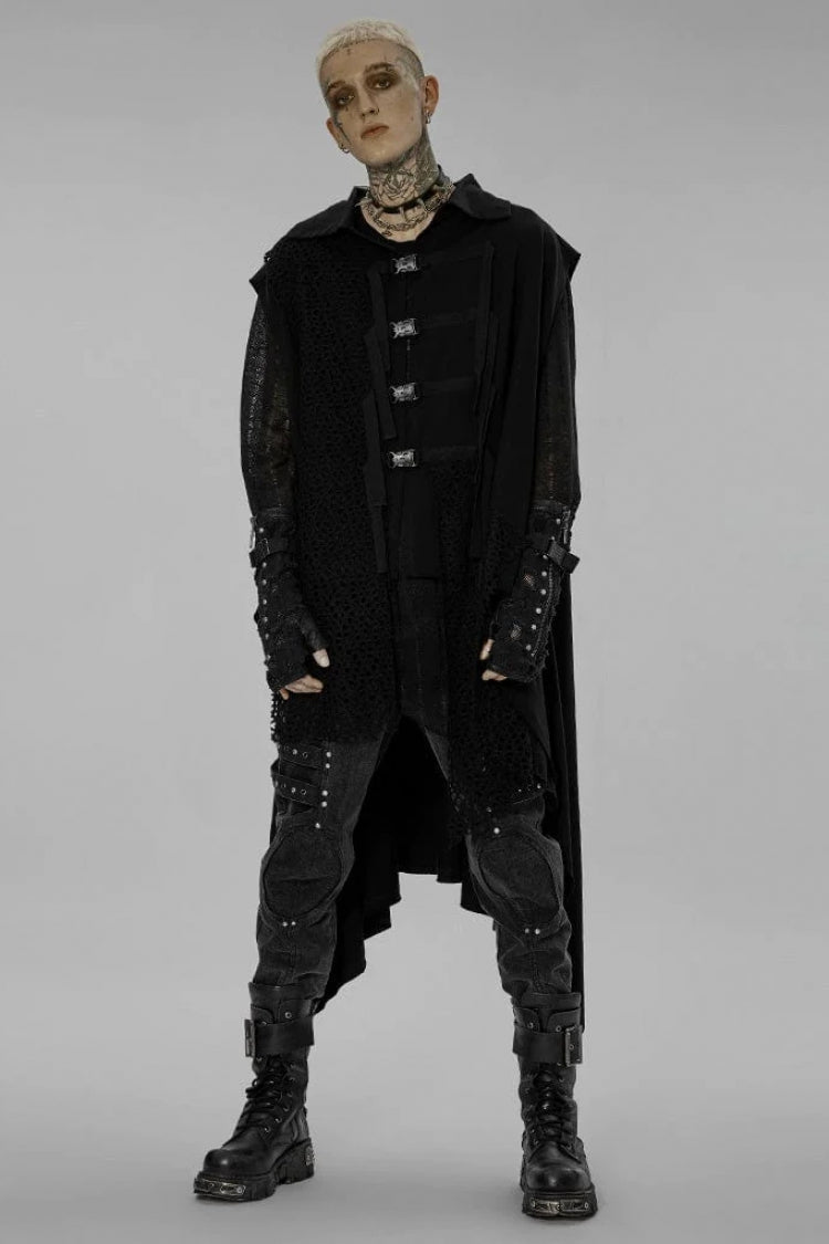 Black Lapel Collar Stitching Irregular Hem Webbing Buckle Steampunk Vest