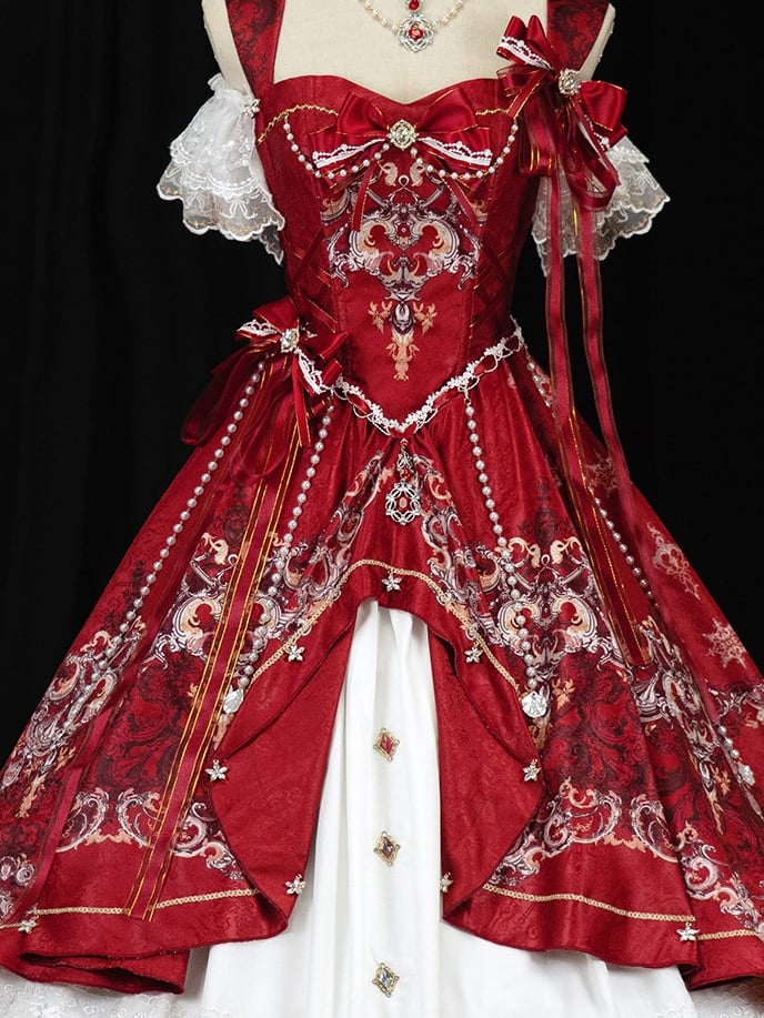 [pre-order Deadline: May 3] Red White Corset Lace Ribbon Lolita Jks Princess Dress + Complete Set